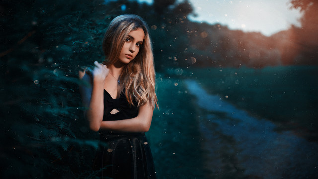 Woman black dress field trees free wallpaper for desktop - medium preview image