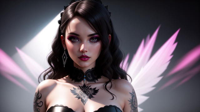 Angelic tattooed woman blackdress blackchoker free wallpaper for desktop - medium preview image
