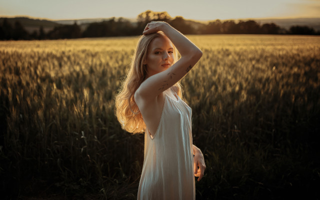Woman white dress field sunset #6 free wallpaper for desktop - medium preview image