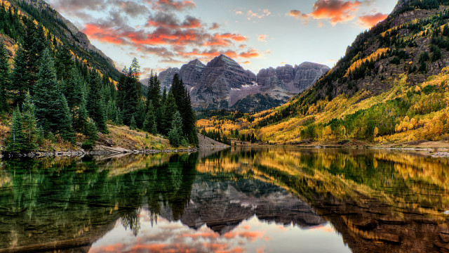 Mountain lake forest red sky free wallpaper for desktop - medium preview image