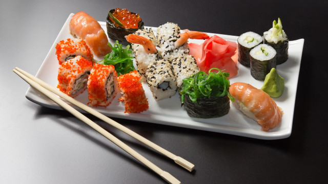 Sushi plate chopsticks black table free wallpaper for desktop - medium preview image