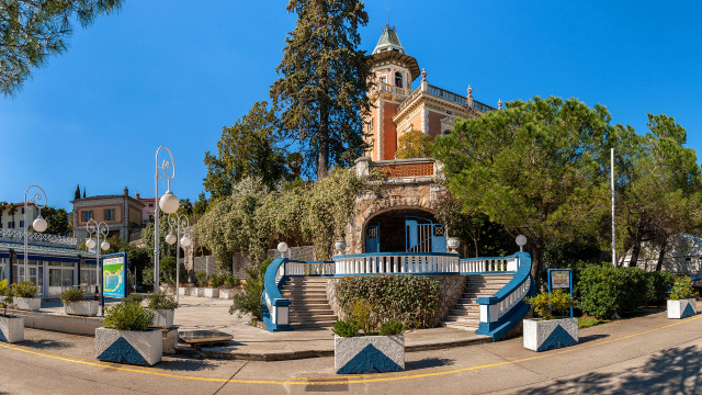 Clock tower blue stairs trees free wallpaper for desktop - medium preview image
