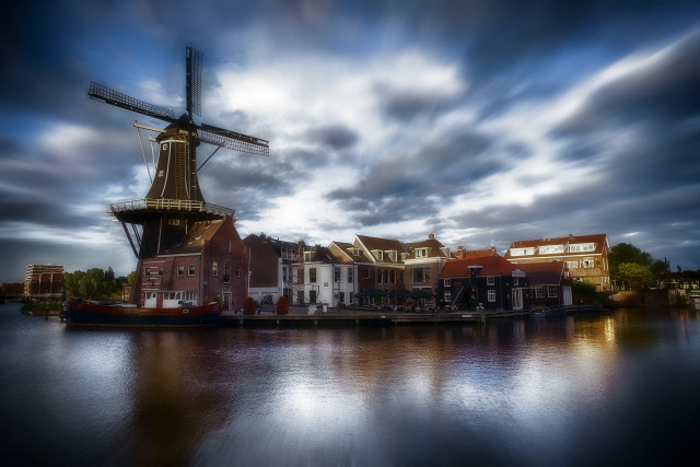 Windmill water boat cityscape cloudy free wallpaper for desktop - medium preview image