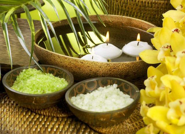 Bowl green candles rice flower free wallpaper for desktop - medium preview image