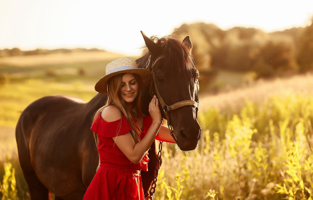 Woman red dress hat horse free wallpaper for desktop - medium preview image
