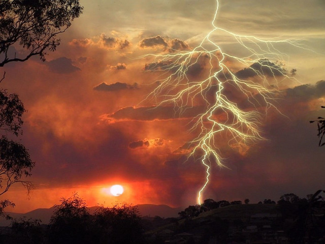 Lightning bolt sunset clouds trees free wallpaper for desktop - medium preview image