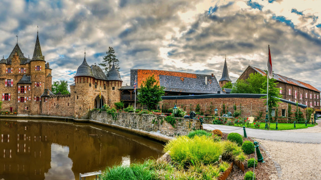 Castle pond clouds medieval flanders free wallpaper for desktop - medium preview image