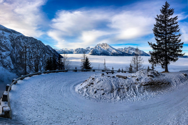 Snow mountain bench trees cloudy free wallpaper for desktop - medium preview image