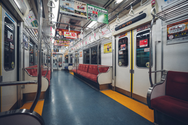 Subway car red seats typographic free wallpaper for desktop - medium preview image