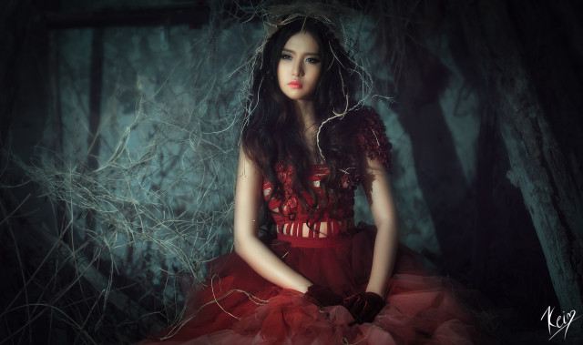 Woman red dress forest branches free wallpaper for desktop - medium preview image
