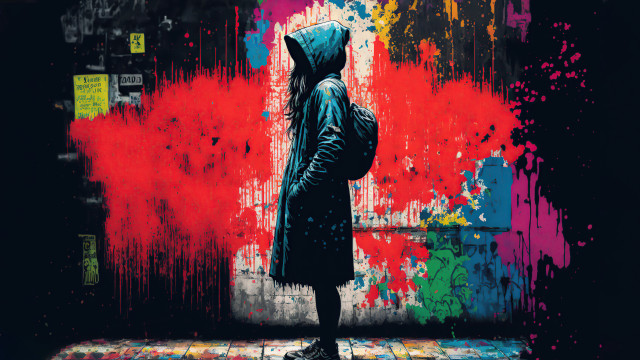 Person hooded backpack graffiti blood free wallpaper for desktop - medium preview image