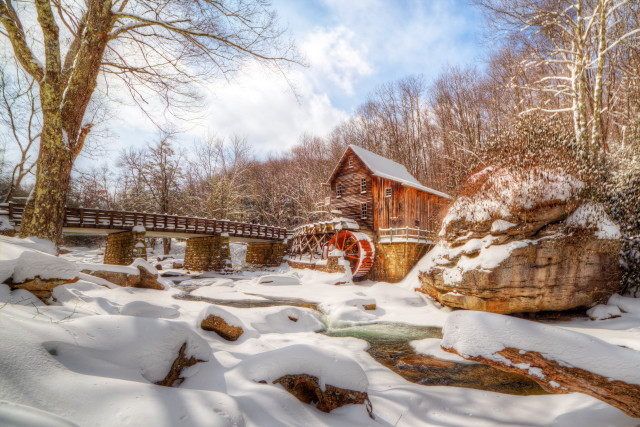 Snowy creek wooden bridge forest free wallpaper for desktop - medium preview image