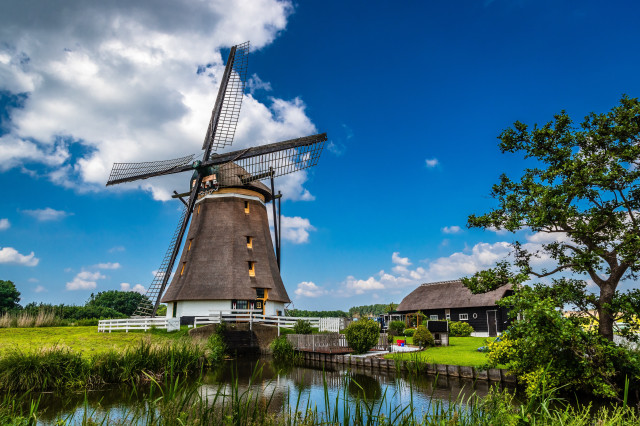 Windmill field river house landscape free wallpaper for desktop - medium preview image