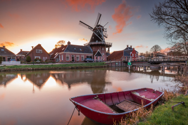 Boat shore river windmill houses #2 free wallpaper for desktop - medium preview image