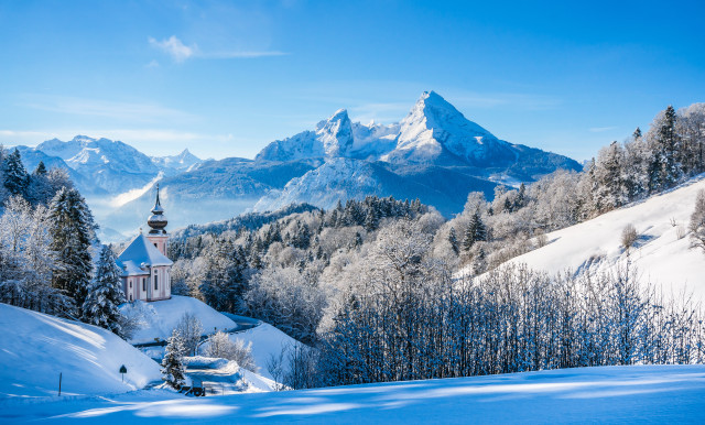 Snowy mountain church fantasy landscape free wallpaper for desktop - medium preview image
