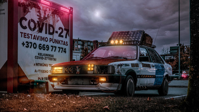 Policecar cyberpunk retrofuturism postapocalyptic cityscape free wallpaper for desktop - medium preview image