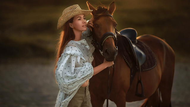 Woman hat petting horse cinematic free wallpaper for desktop - medium preview image