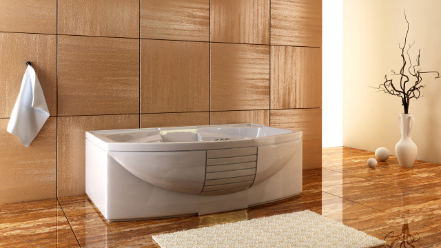 Bathroom wooden floor white bathtub free wallpaper for desktop - medium preview image