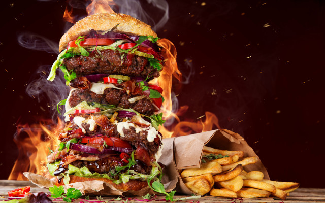 Large hamburger fries fire food free wallpaper for desktop - medium preview image