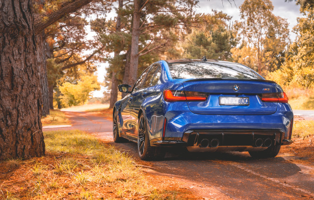 Blue car autumn leaves fire free wallpaper for desktop - medium preview image