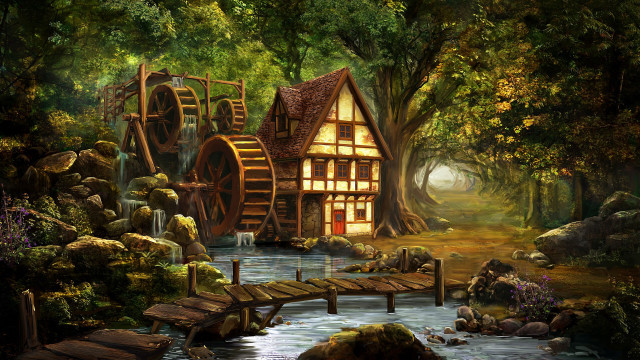 House woods waterwheel stream fantasy free wallpaper for desktop - medium preview image