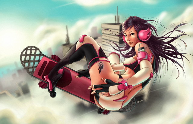 Pink skirted skateboarder clouds headphones free wallpaper for desktop - medium preview image