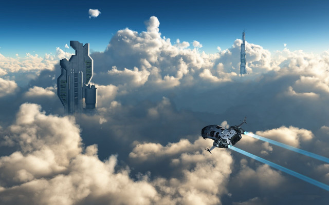 Futuristic space station clouds rocket free wallpaper for desktop - medium preview image