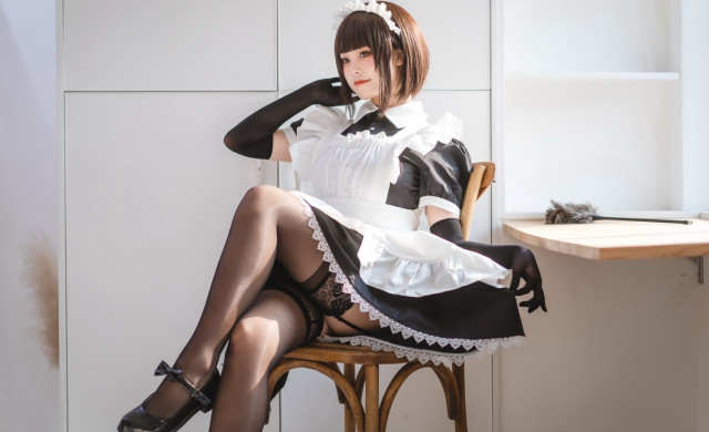 Maid outfit crossed legs brown free wallpaper for desktop - medium preview image