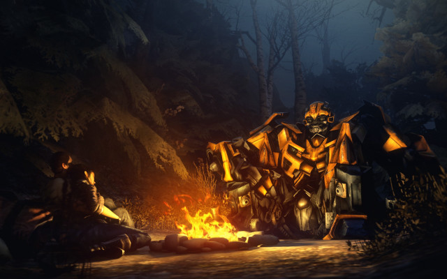 Firepit robot woods night autumn free wallpaper for desktop - medium preview image