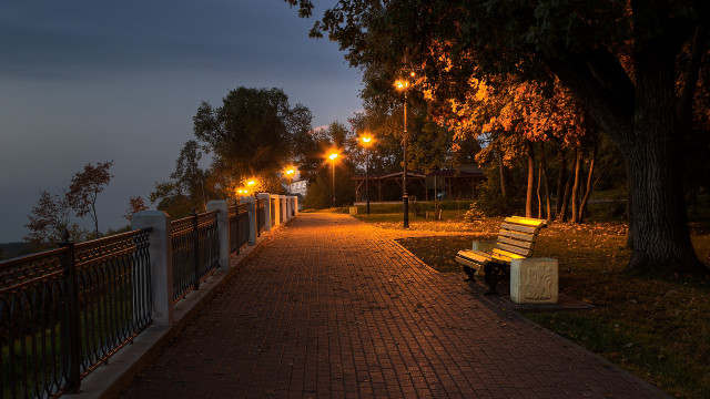 Night bench brickwalkway autumn city free wallpaper for desktop - medium preview image