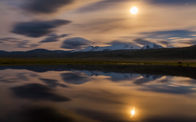 Moon mountain lake cityscape reflection free wallpaper for desktop - medium preview image