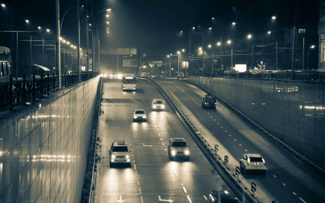 Black white highway night cars free wallpaper for desktop - medium preview image