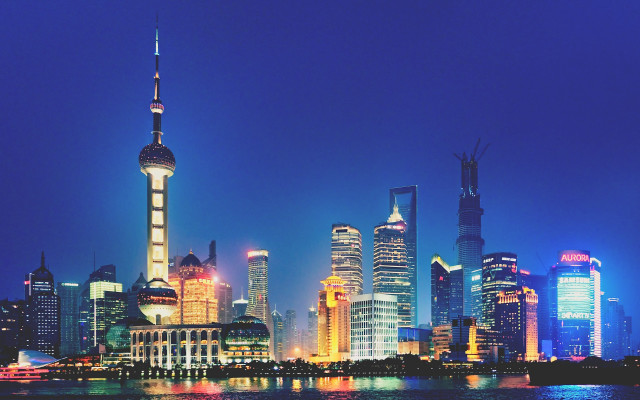 City skyline night river boat free wallpaper for desktop - medium preview image