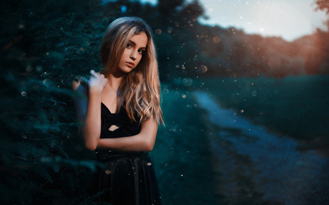 Woman dress woods portrait anamorphic free wallpaper for desktop - medium preview image