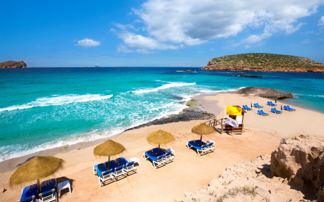 Beach chairs umbrellas hill blue free wallpaper for desktop - medium preview image