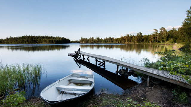 Lake dock boat forest mountain free wallpaper for desktop - medium preview image
