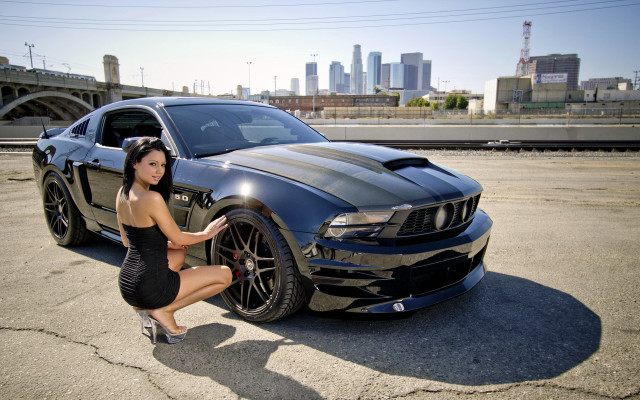 Woman mustang parking lot city free wallpaper for desktop - medium preview image