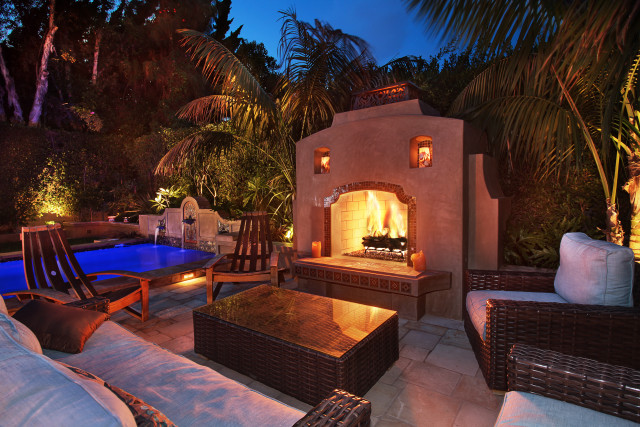 Patio fireplace seating pool night free wallpaper for desktop - medium preview image