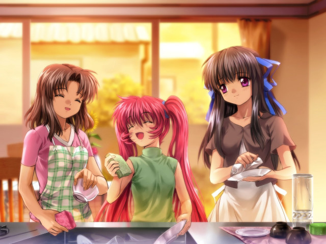 Three girls table food drinks free wallpaper for desktop - medium preview image