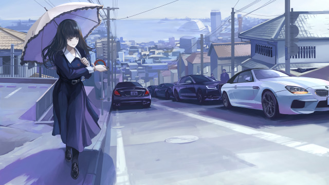 Woman umbrella walking street rain free wallpaper for desktop - medium preview image