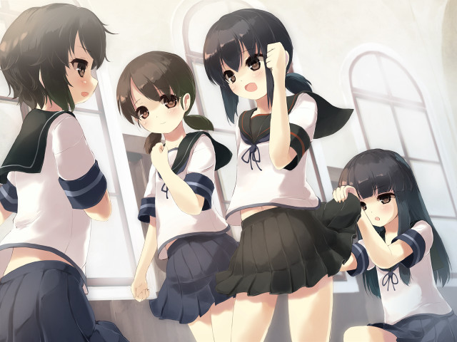 Girls school uniforms standing window free wallpaper for desktop - medium preview image