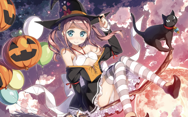 Woman witch costume flying cat free wallpaper for desktop - medium preview image
