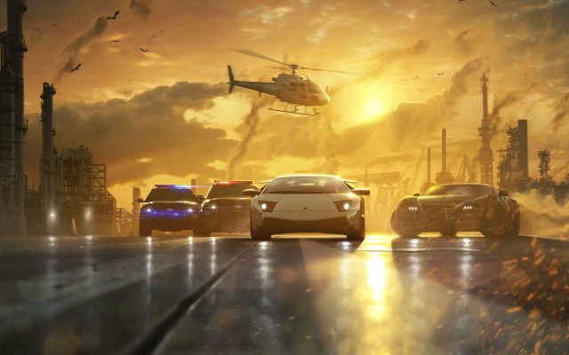Cars helicopter city sunset dawn free wallpaper for desktop - medium preview image