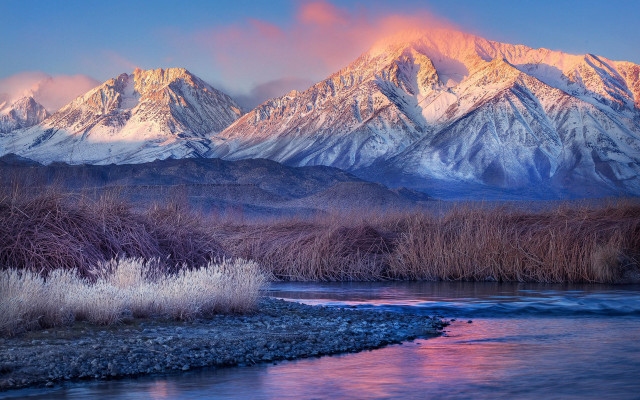 Mountain range river sunset clouds free wallpaper for desktop - medium preview image