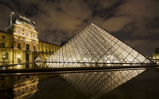 Glass pyramid night reflection water free wallpaper for desktop - medium preview image