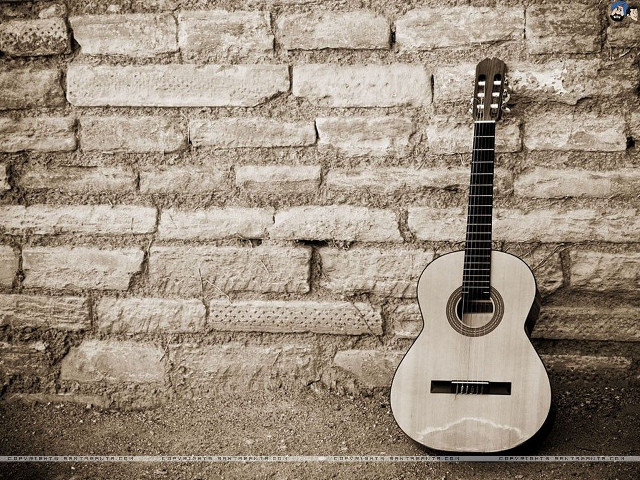Guitar brick wall black white free wallpaper for desktop - medium preview image