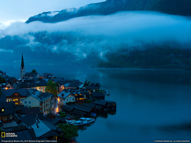 Town mountain water fog background free wallpaper for desktop - medium preview image