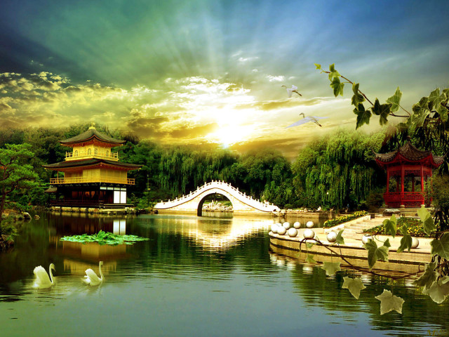 Bridge lake swans building sunset free wallpaper for desktop - medium preview image