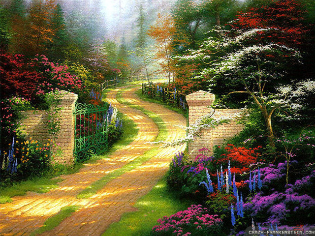 Pathway forest flowers trees gate free wallpaper for desktop - medium preview image