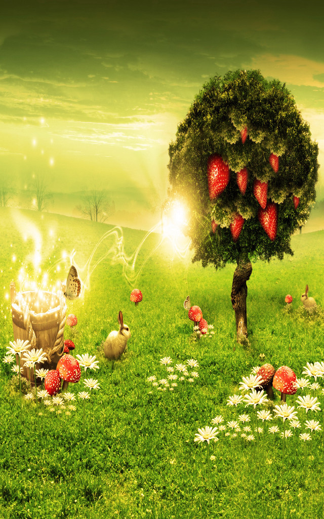 Tree fruit basket grass chickens free wallpaper for mobile - medium preview image